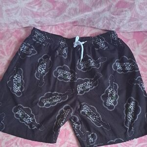 Men's Black Printed Swim Board Shorts with Drawstring